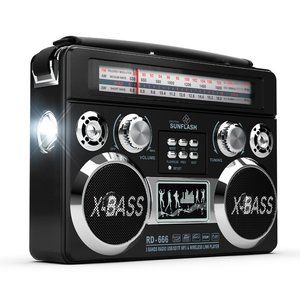 Black Portable Retro AM/FM/SW 3-Band Radio With Bluetooth & Flash Light Boombox